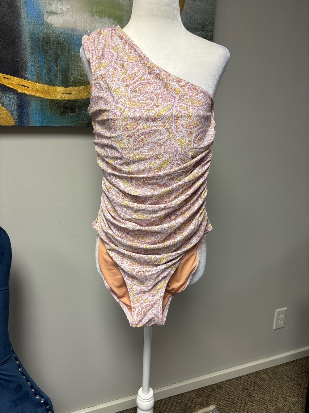 J. Crew One-Shoulder Paisley Swim One-Piece in Lavender and Yellow
